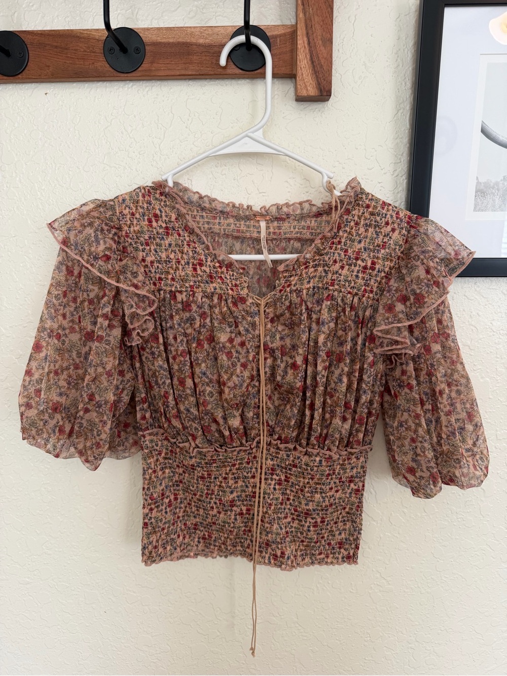 Free people Floral Smocked Waist Peasant Top in Beige